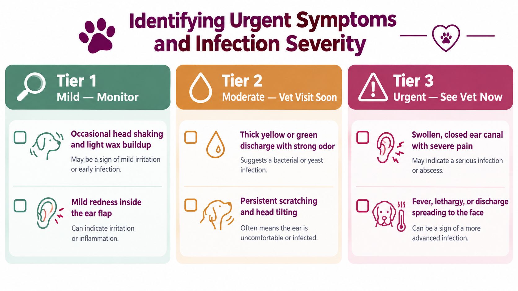 A chart categorizing dog ear infection symptoms into three tiers of urgency for veterinary care.