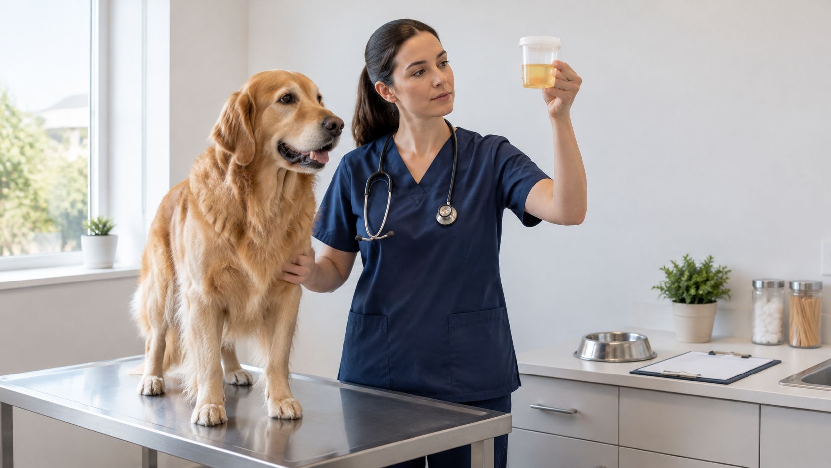 A female veterinarian wearing blue scrubs examines a urine sample from a golden retriever dog