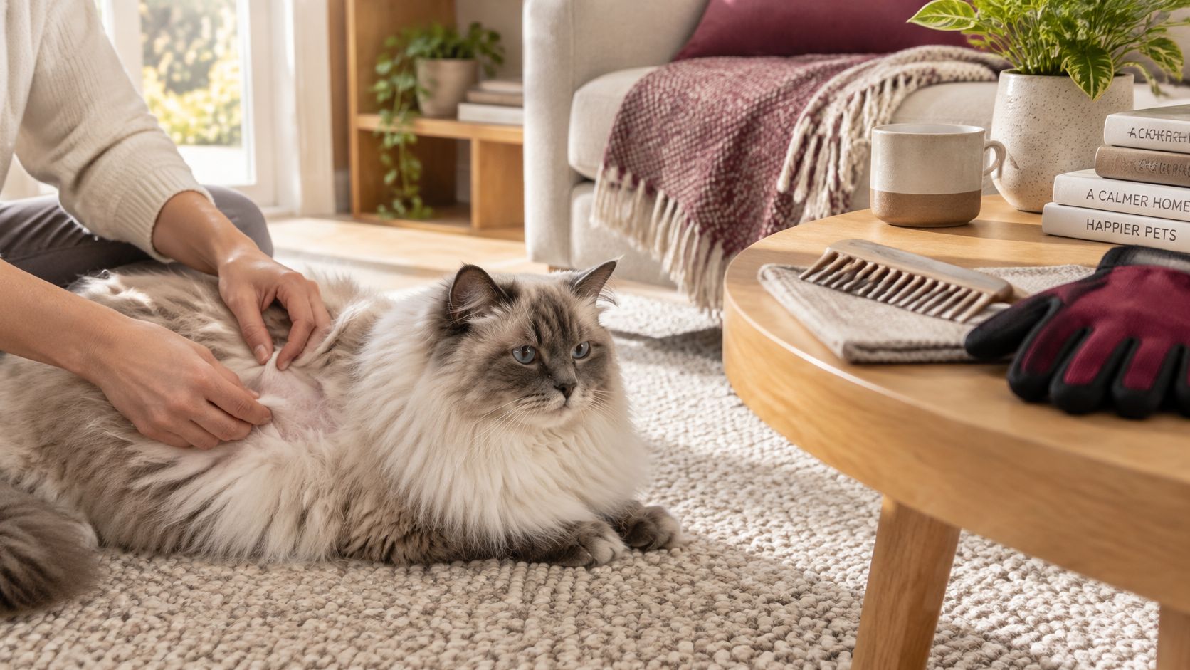 A person gently examining the skin of a fluffy Ragdoll cat while sitting on a rug.