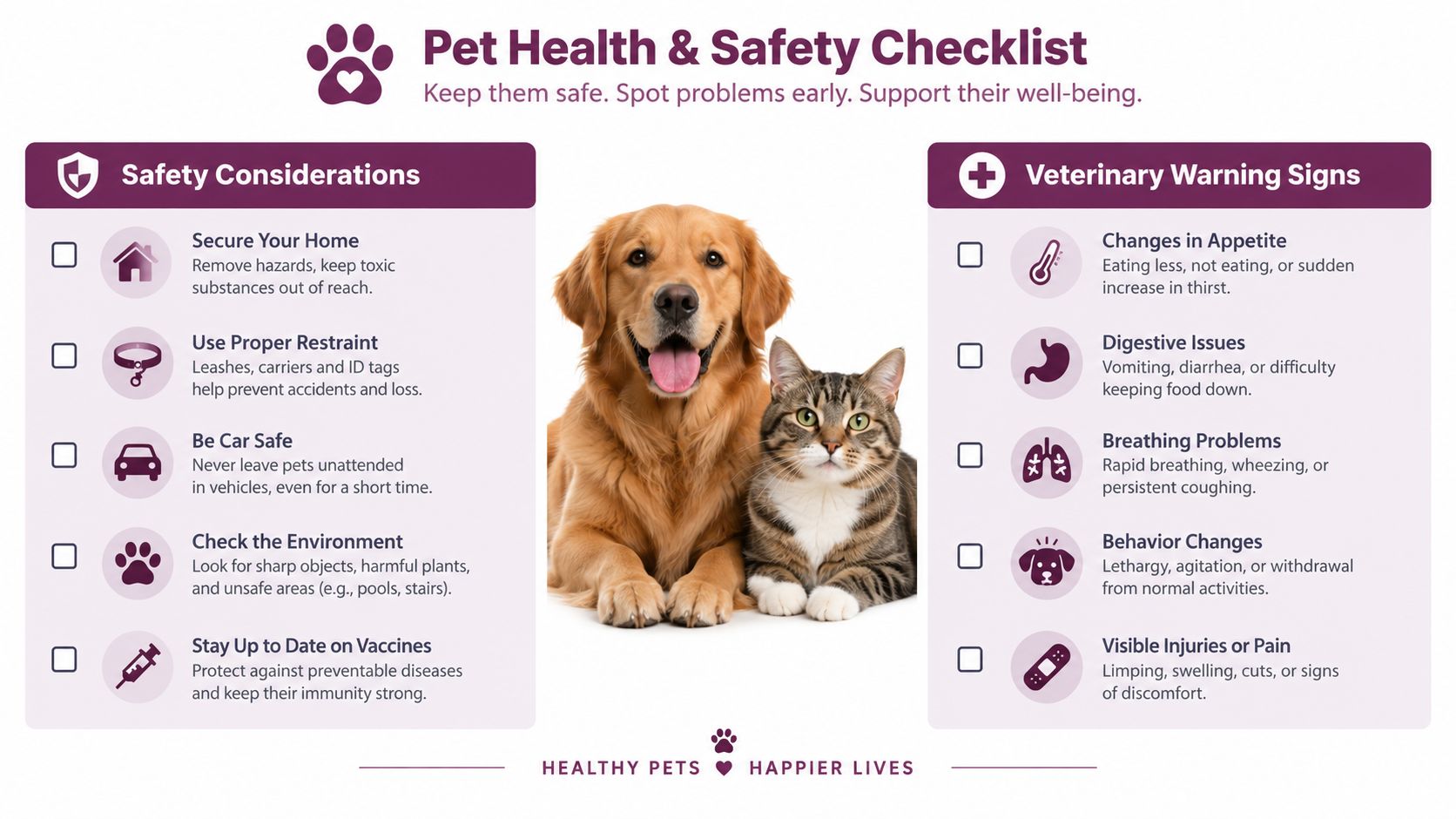 A pet health and safety checklist featuring advice on secure environments and veterinary warning signs for owners.