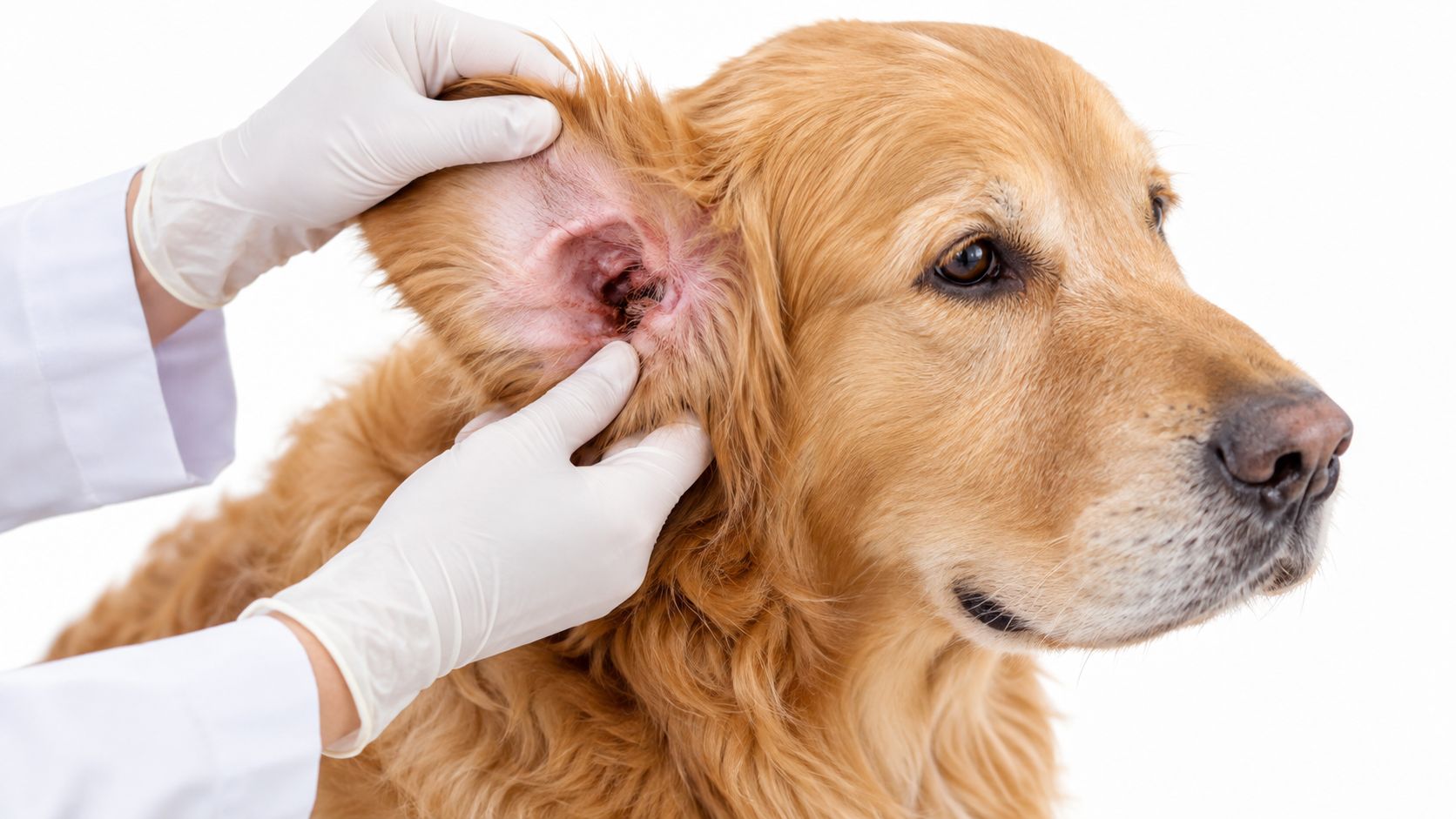 A veterinarian wearing white gloves examines the inside of a golden retriever dog's ear for infection.