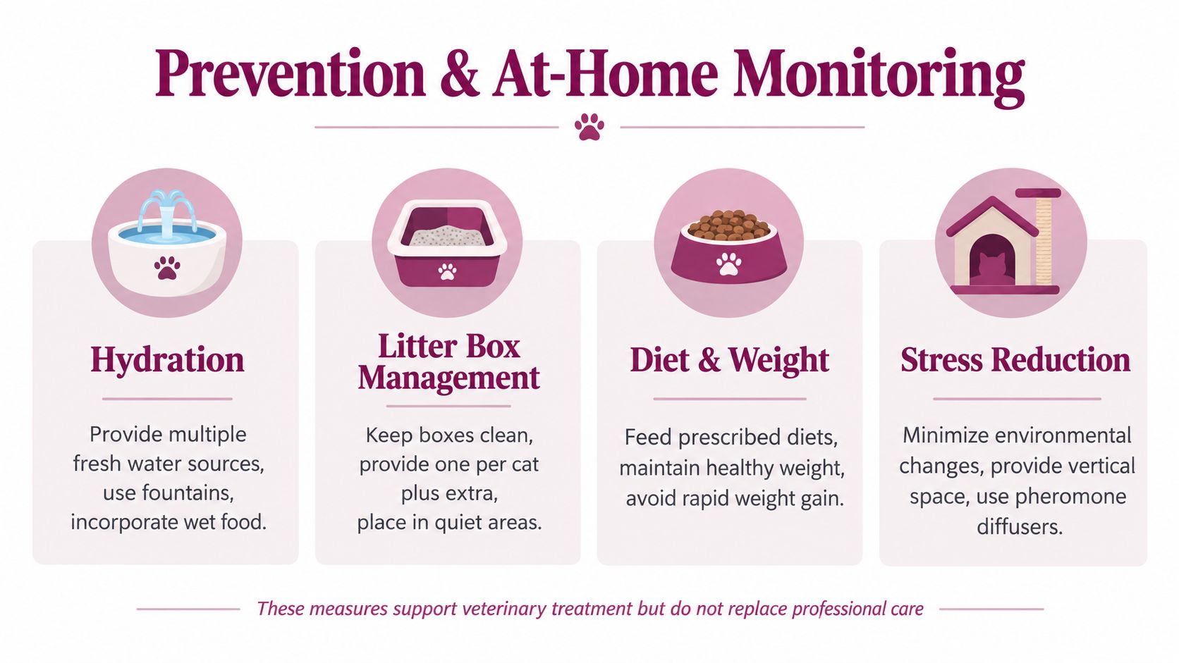 An infographic detailing at-home care and prevention tips to support feline health, including hydration, litter, diet, and stress.