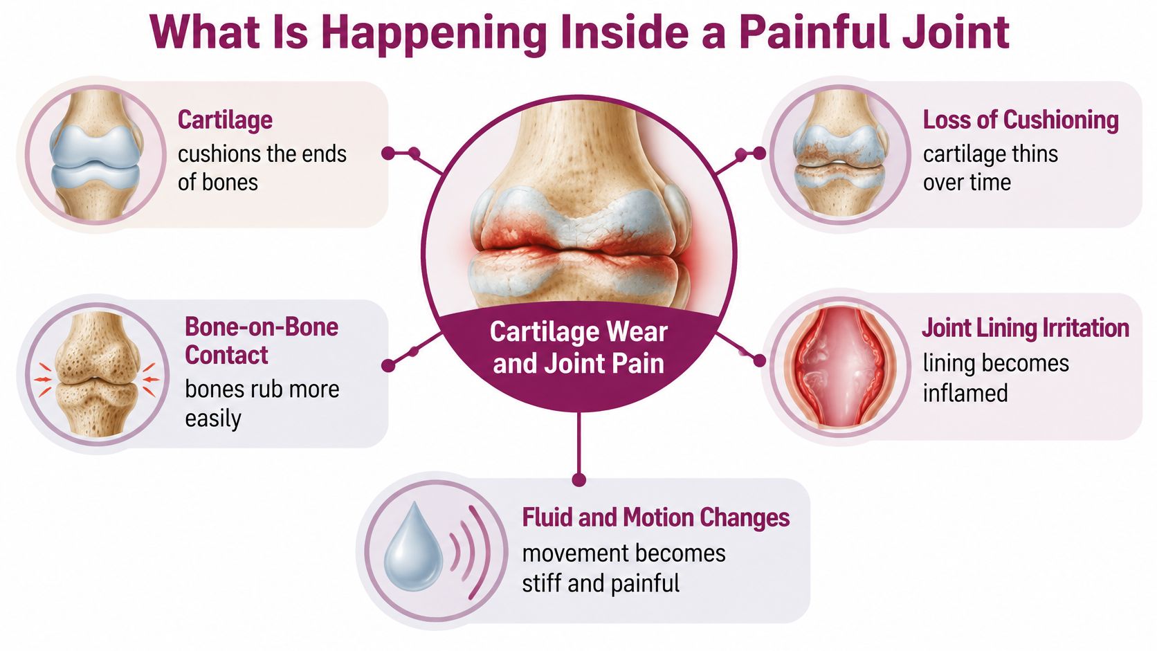 A diagram illustrating how cartilage wear, bone contact, and inflammation cause joint pain in a painful joint.