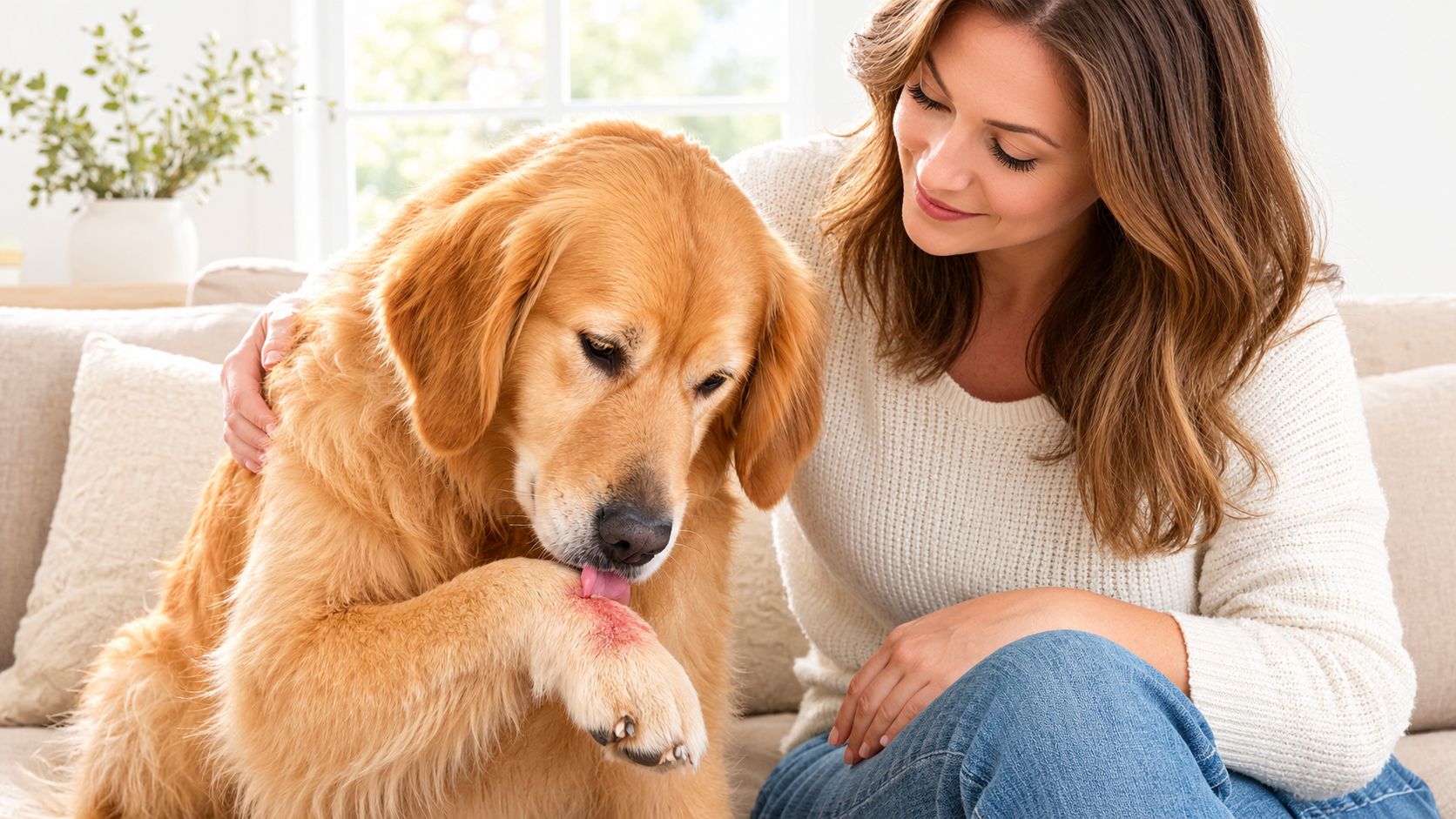 A woman comforts her golden retriever dog licking a red and irritated paw on the couch.