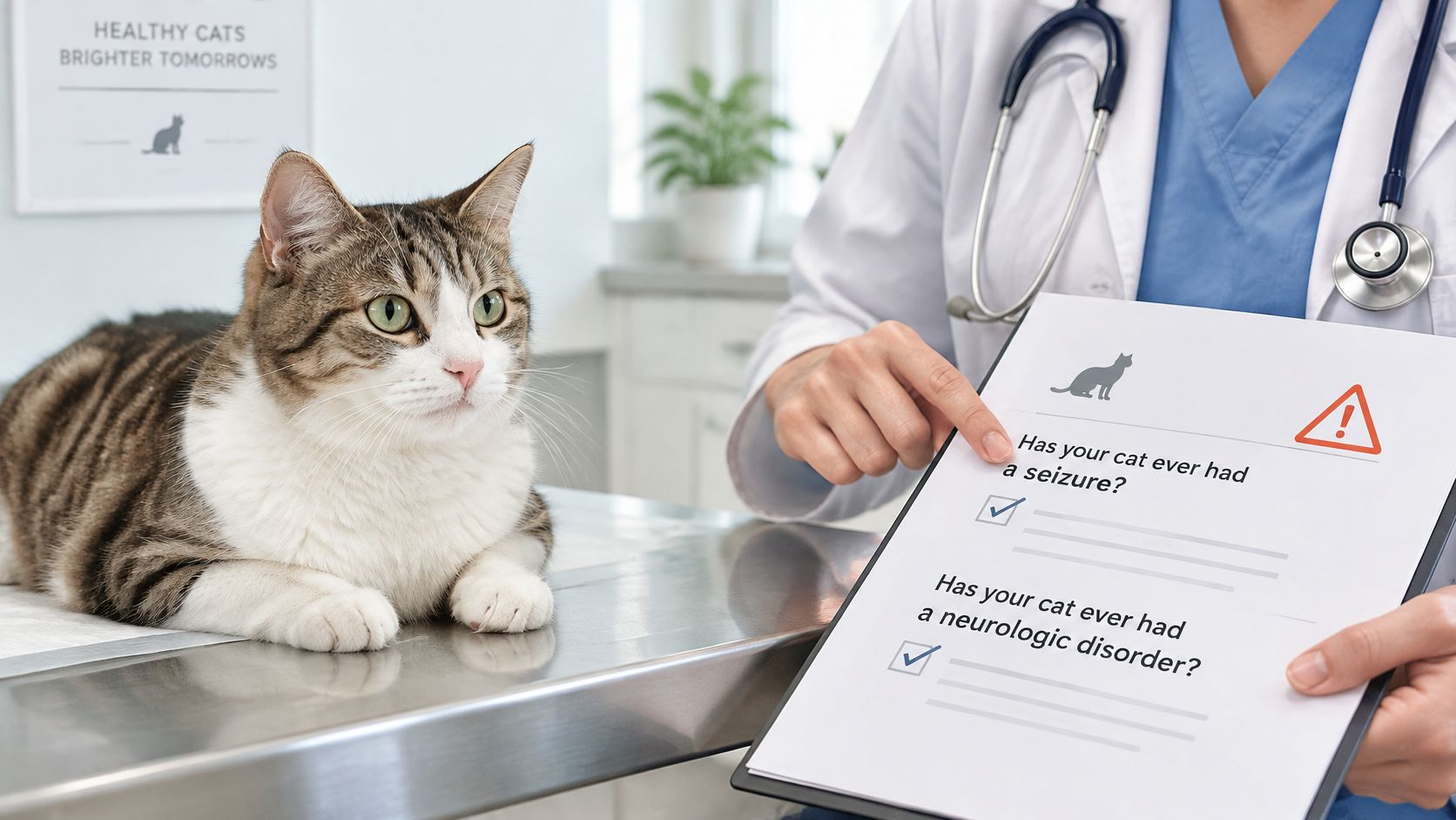 A veterinarian holding a medical form with seizure and neurologic disorder questions near a tabby cat.