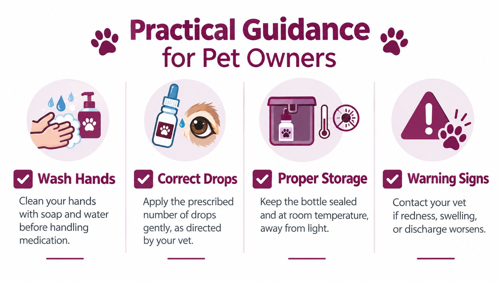 An infographic showing practical guidance for pet owners on safely administering eye medication to their dogs.