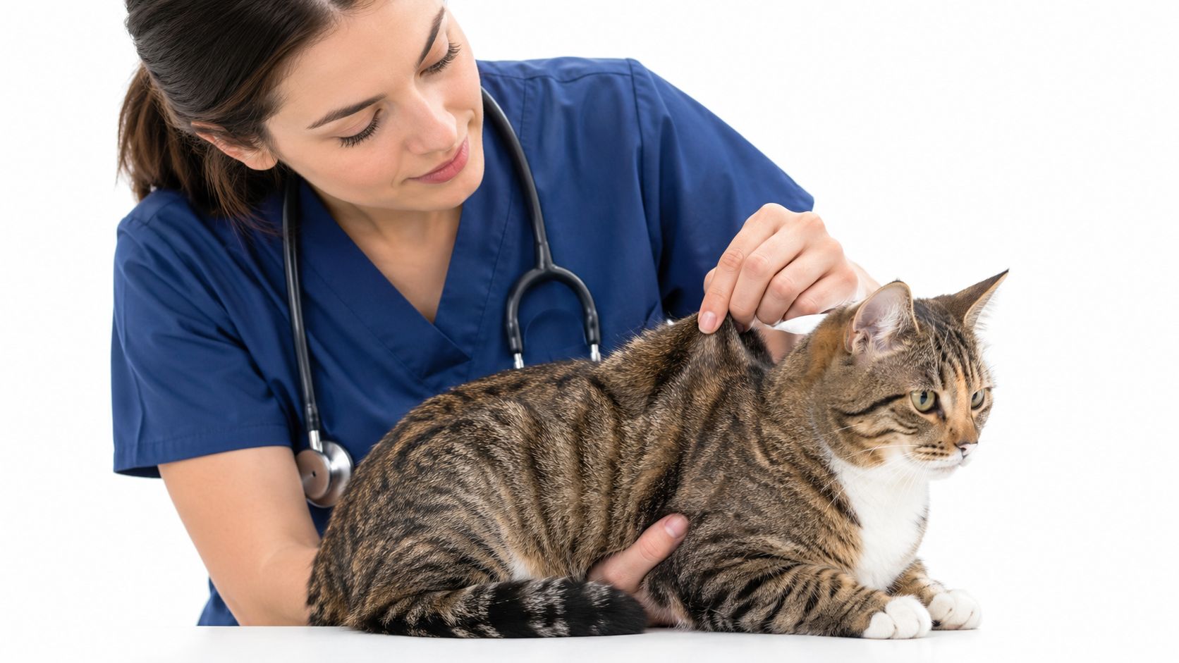 A female veterinarian wearing a blue scrub top examines a brown tabby cat in a clinic setting.