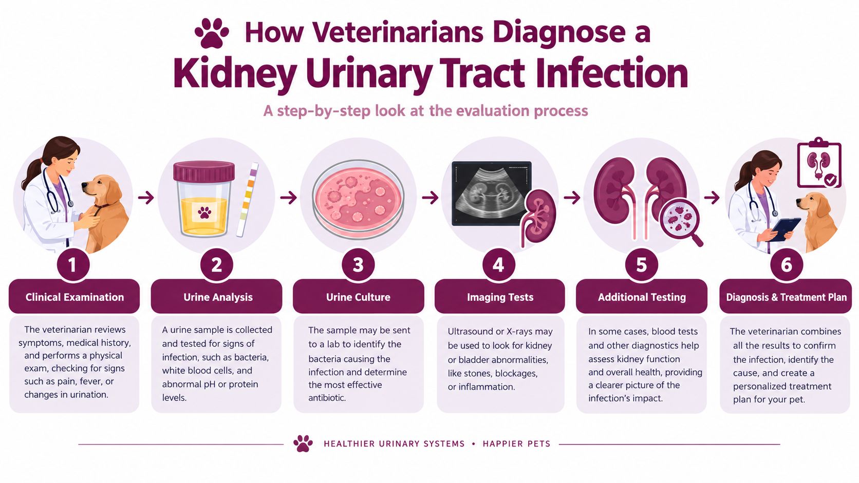 A step-by-step infographic showing how veterinarians diagnose a kidney urinary tract infection in pets.