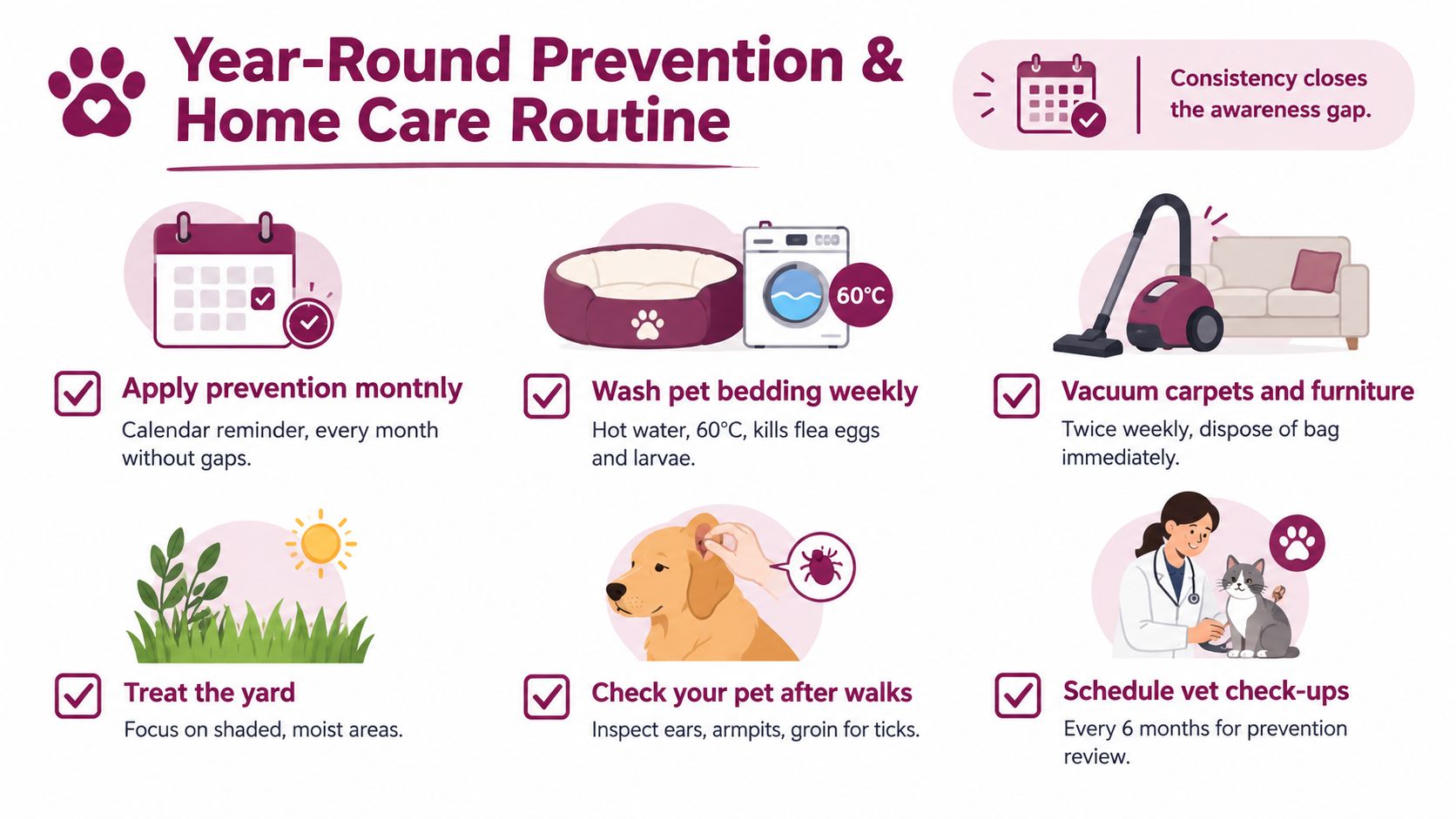 A checklist infographic illustrating a year-round home care routine for preventing flea and tick infestations in pets.