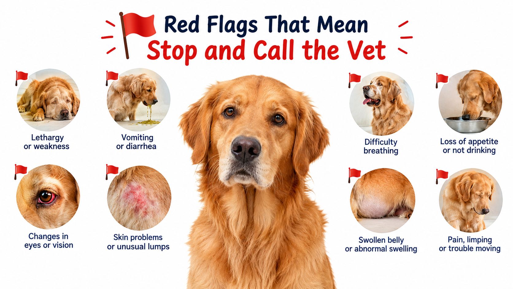 An infographic showing eight red flags in dogs that indicate a pet owner should call a veterinarian.
