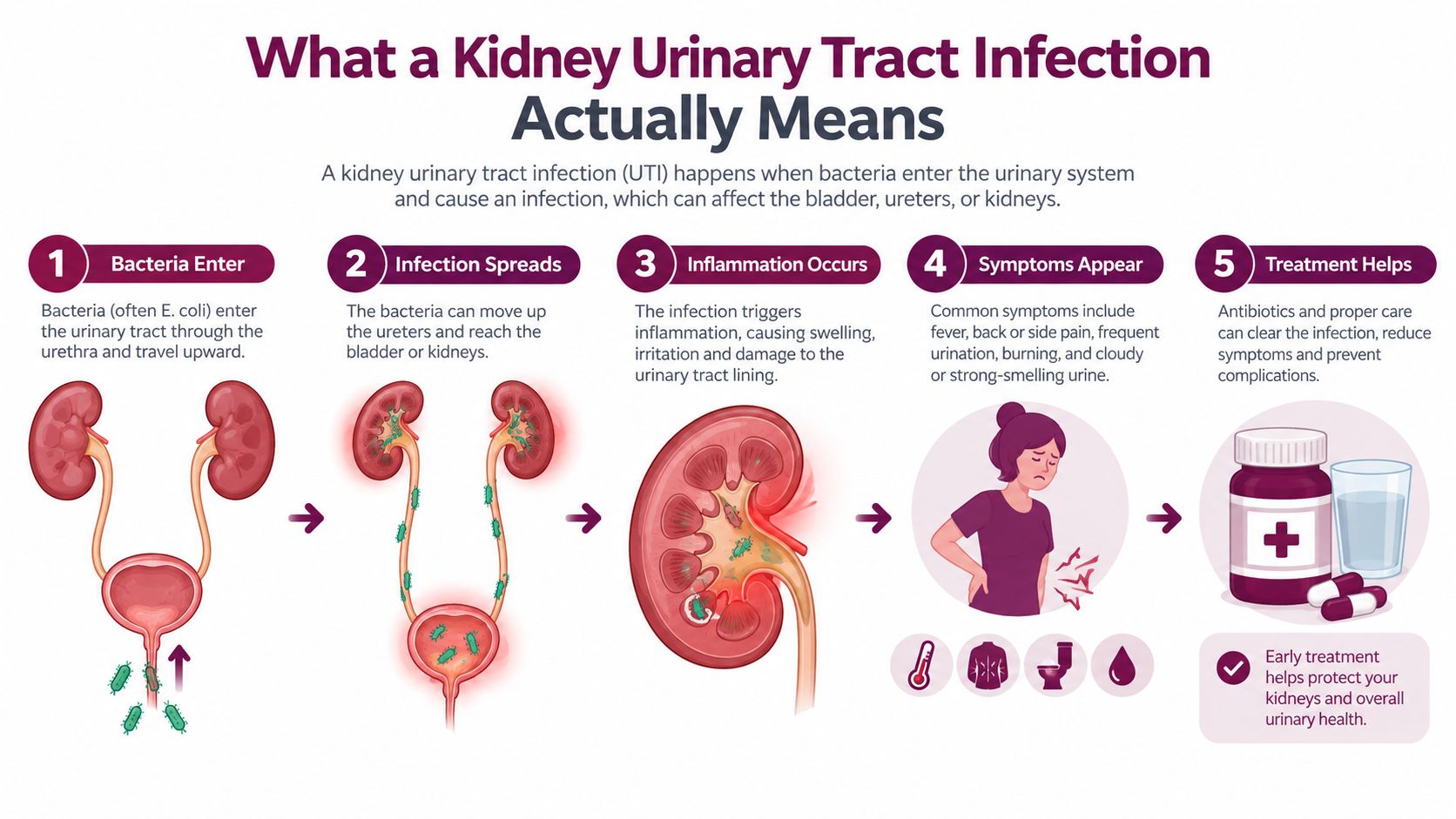 An infographic showing the five stages of a kidney urinary tract infection from bacteria entry to treatment.