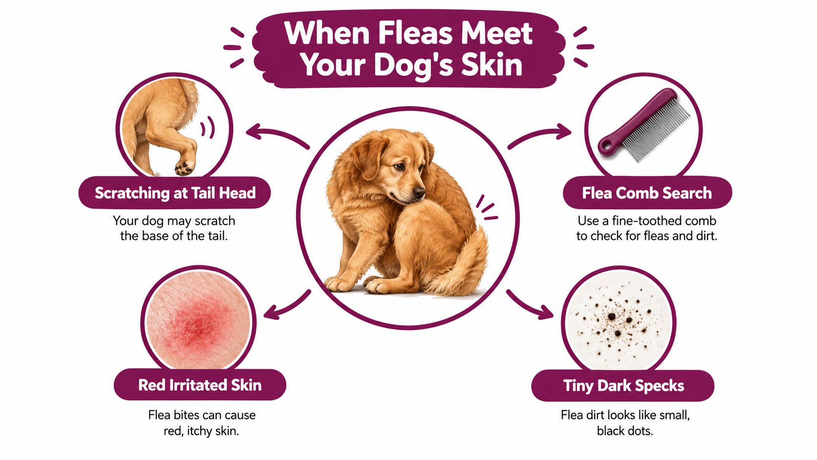 An infographic showing symptoms of flea infestations on dogs, including scratching, skin irritation, and finding flea dirt.