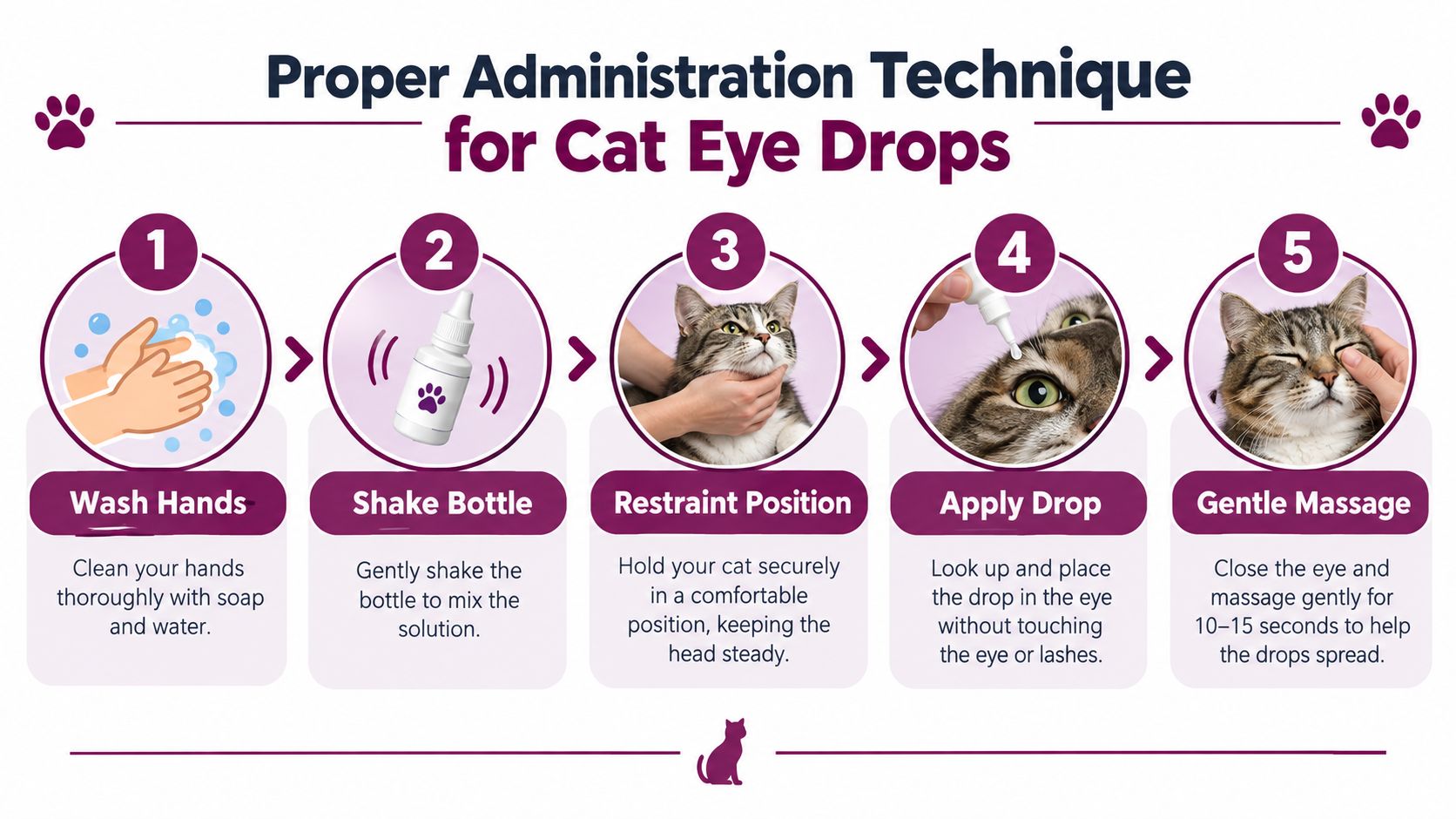 A five-step infographic showing how to safely administer eye drops to a cat.