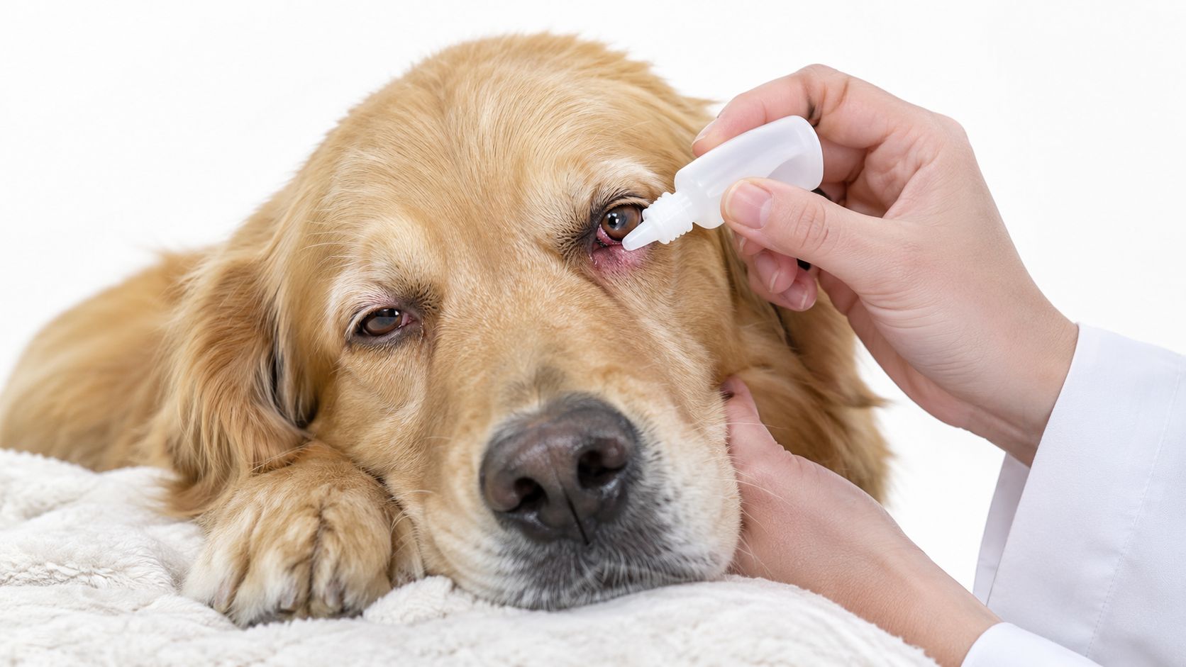 A veterinarian gently applying medicated eye drops into the eye of a calm golden retriever dog.