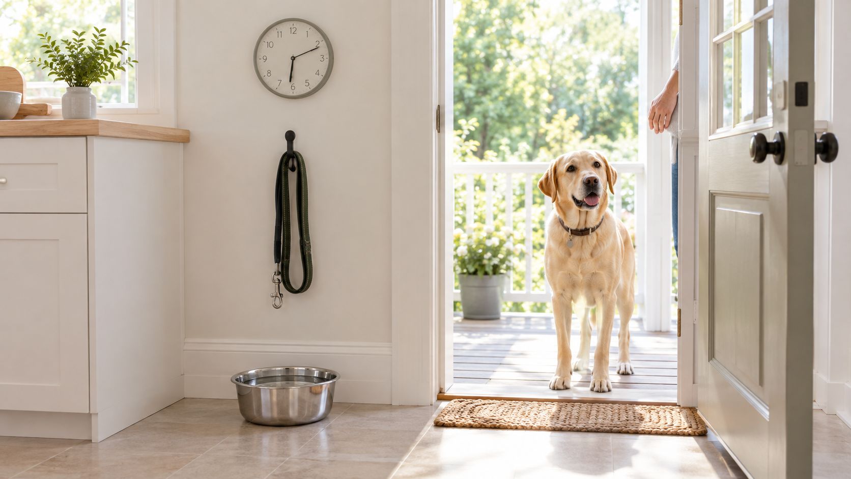 A yellow Labrador Retriever standing at an open doorway waiting to be let inside the house.