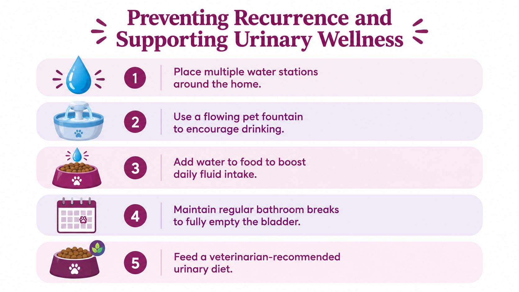 An infographic titled Preventing Recurrence and Supporting Urinary Wellness featuring five tips for maintaining pet urinary health.