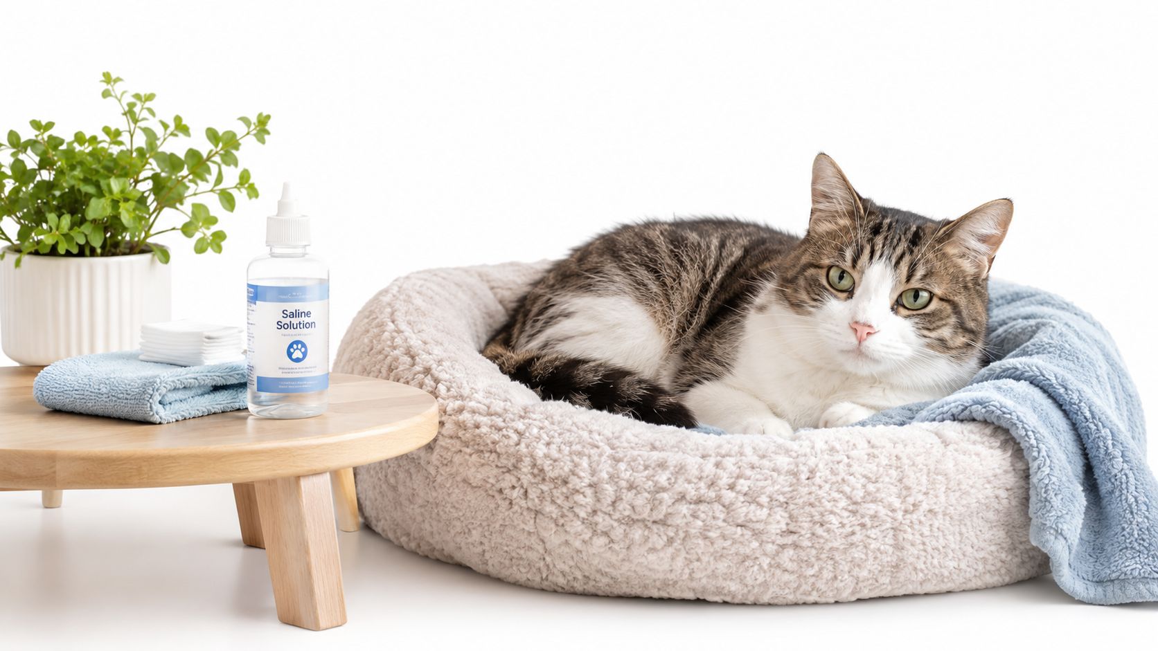 A tabby cat resting in a soft bed next to a bottle of saline solution and supplies.