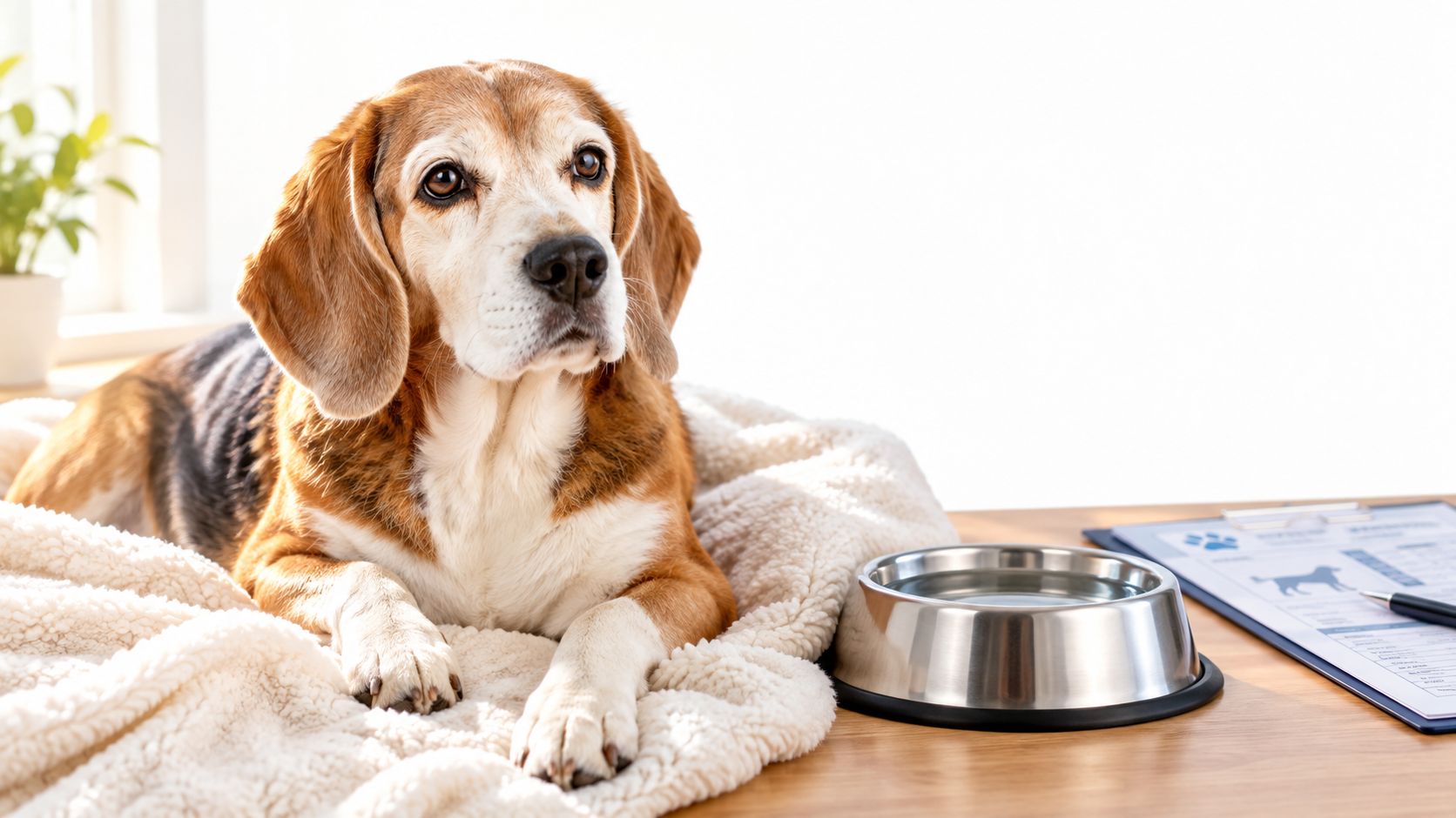 A senior beagle resting comfortably on a soft blanket next to a water bowl and veterinary documents.