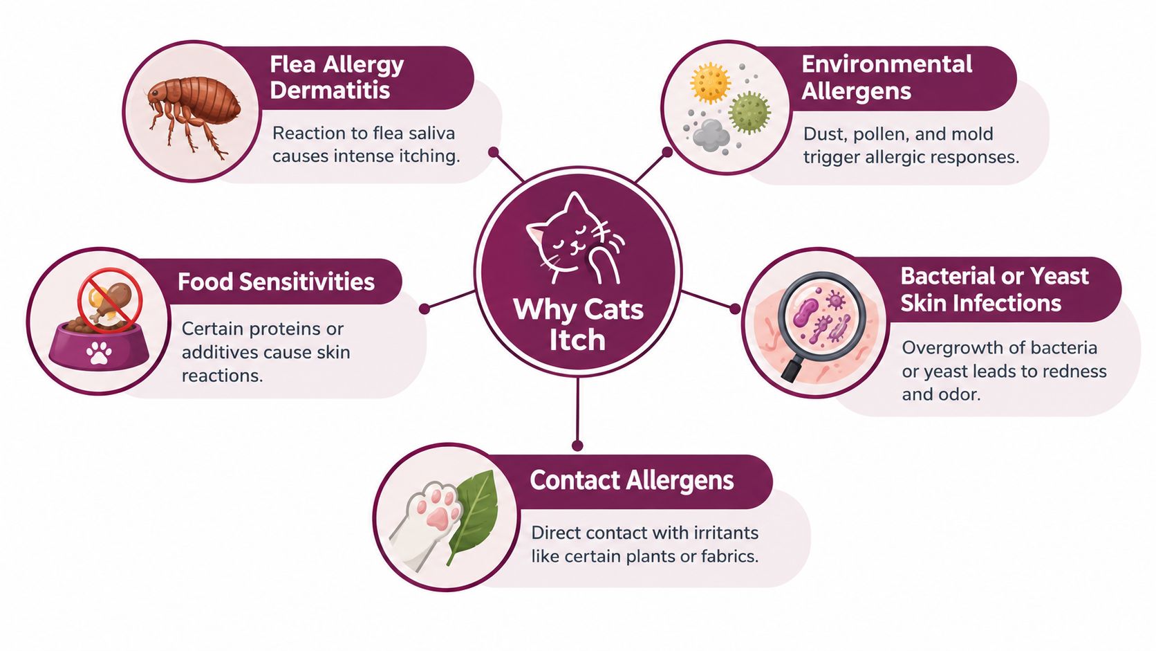 An infographic showing common causes for why cats experience skin itching, including allergies, infections, and food sensitivities.