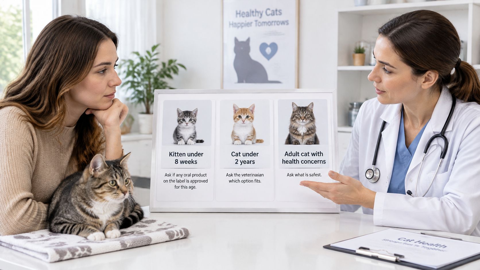 A veterinarian shows a cat owner an educational chart about selecting safe oral health products for cats.