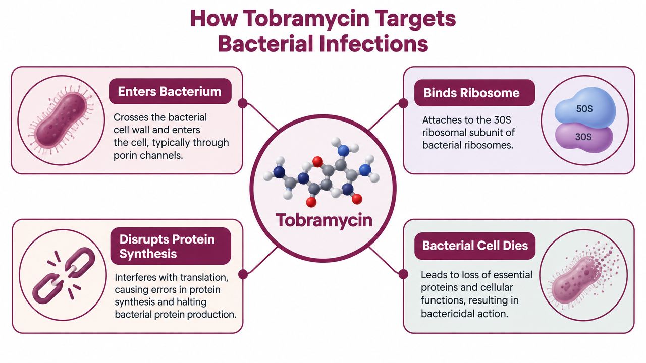 A diagram illustrating the mechanism of action of the antibiotic Tobramycin against bacterial infection processes.