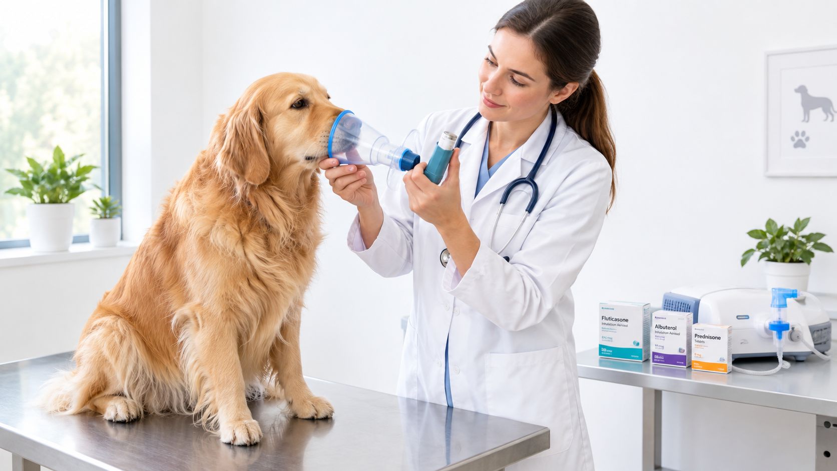 A female veterinarian administering inhaler medication to a golden retriever dog using a respiratory mask.