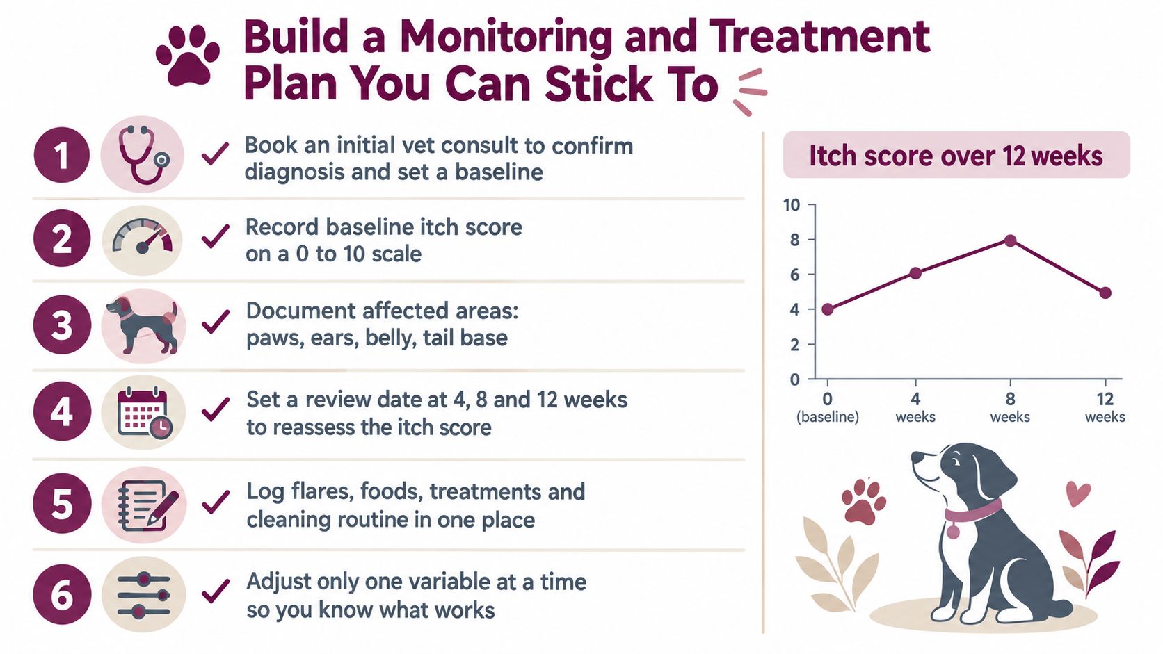 A six-step guide for monitoring and treating dog allergies with a chart tracking itch scores over twelve weeks.