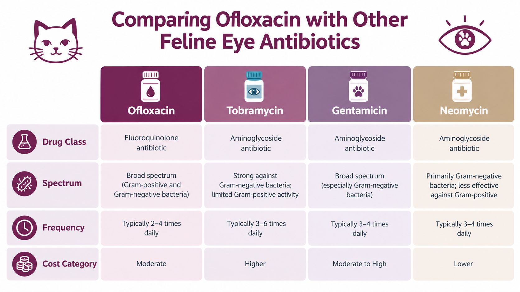 A comparison chart of feline eye antibiotics including Ofloxacin, Tobramycin, Gentamicin, and Neomycin with their characteristics.