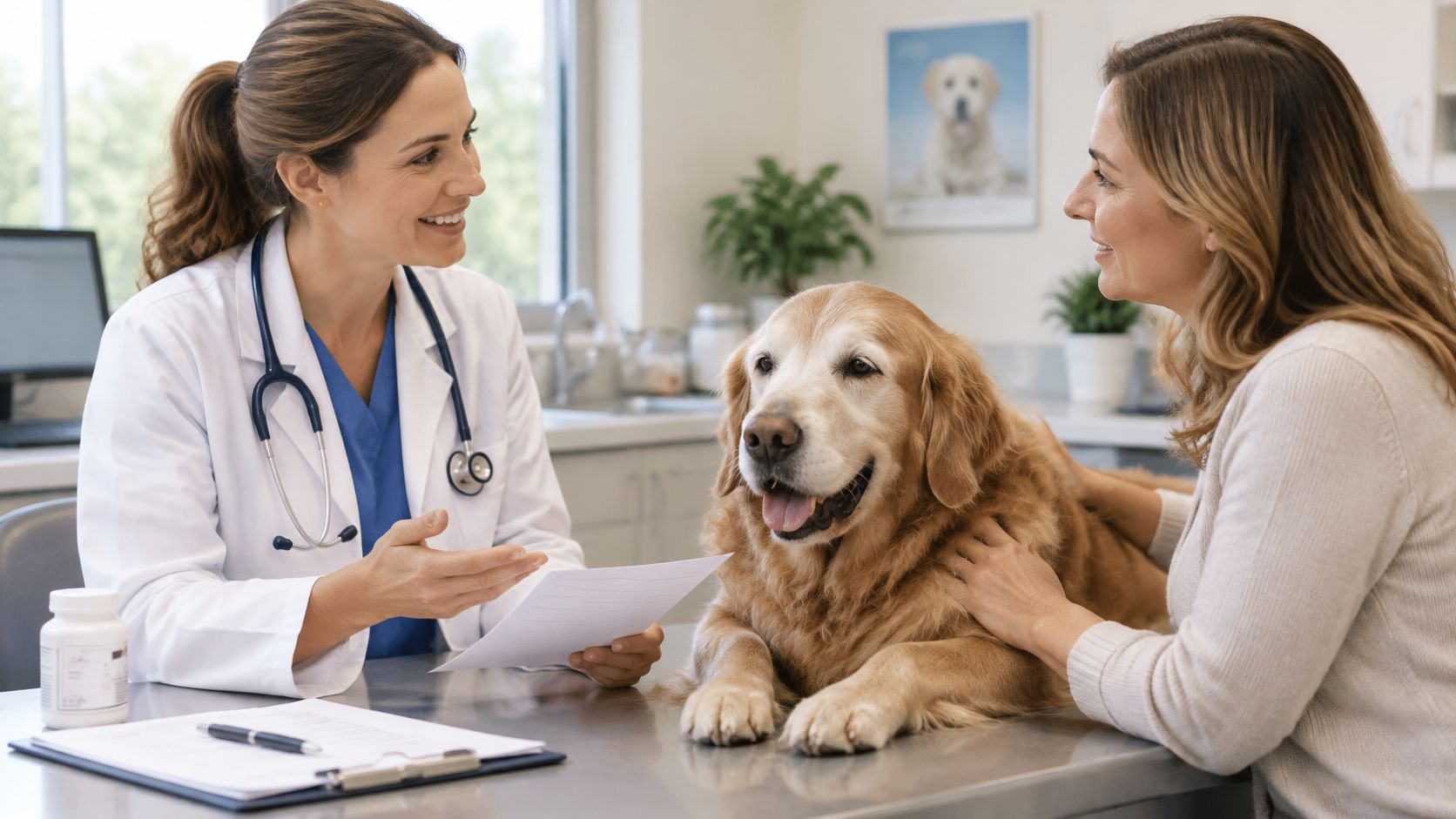 A female veterinarian discussing medical documents with a pet owner and her golden retriever in a clinic.