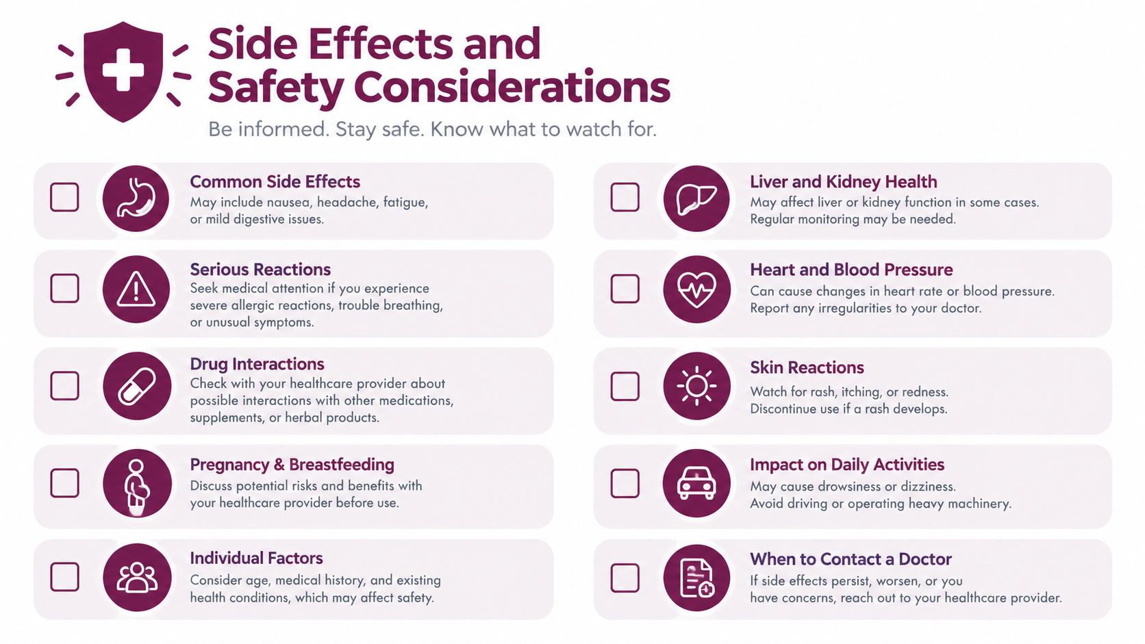 An infographic detailing common medication side effects, safety warnings, and when to contact a doctor for guidance.