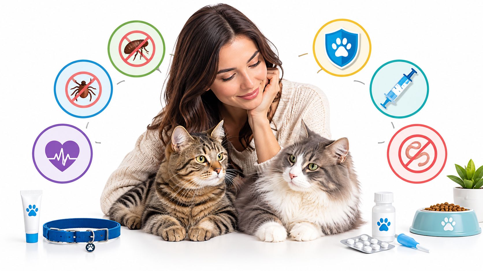 A woman smiles while sitting with two cats surrounded by pet health and wellness icons and products.
