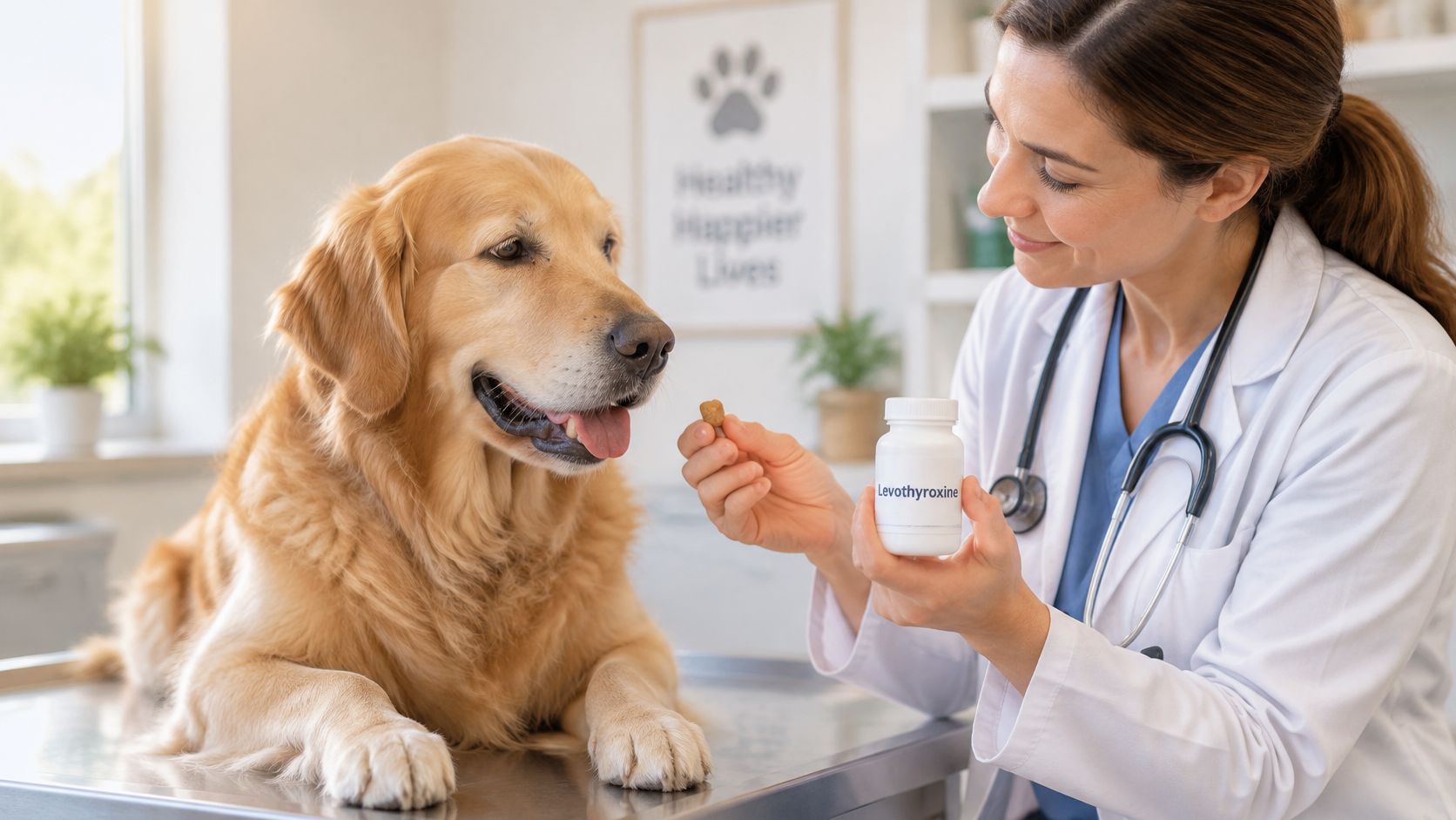 A friendly female veterinarian holding a bottle of canine thyroid medicine and a treat for a dog.