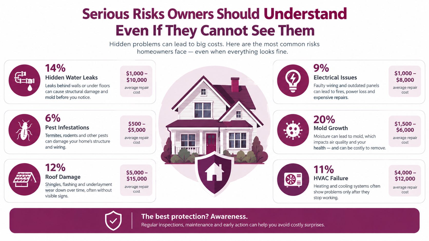 An infographic detailing common hidden home maintenance risks, associated percentages, and potential average repair costs.
