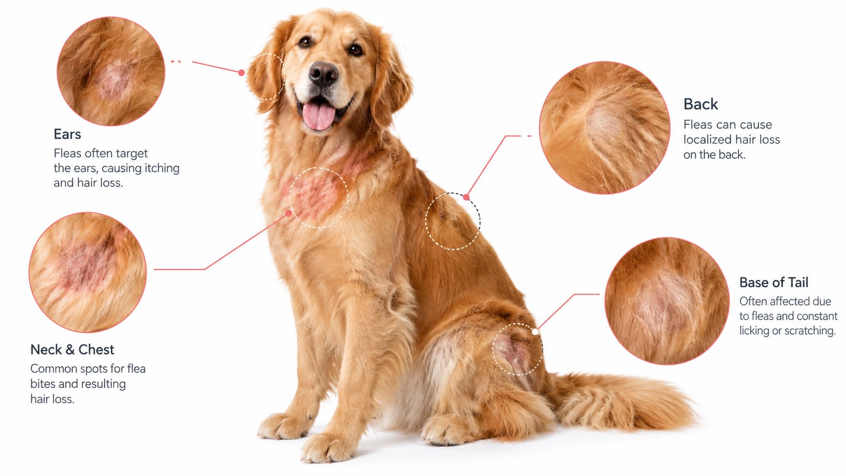 A golden retriever showing common areas of hair loss and skin irritation caused by flea bites.