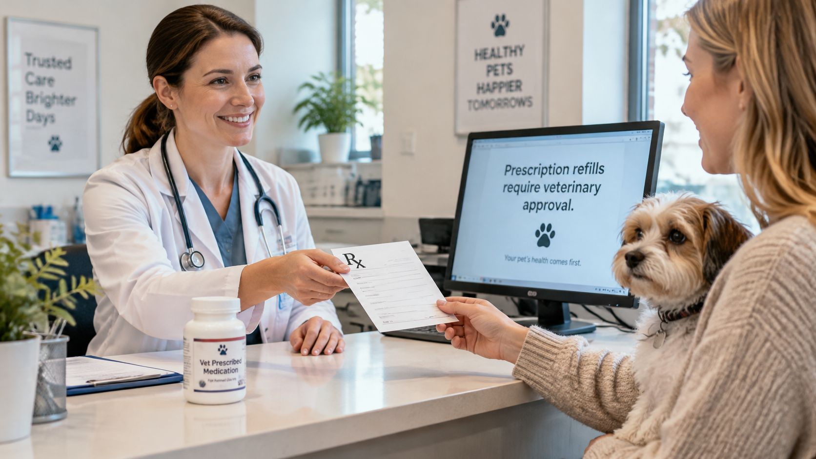 A veterinarian hands a pet prescription note to a woman while a small dog watches.