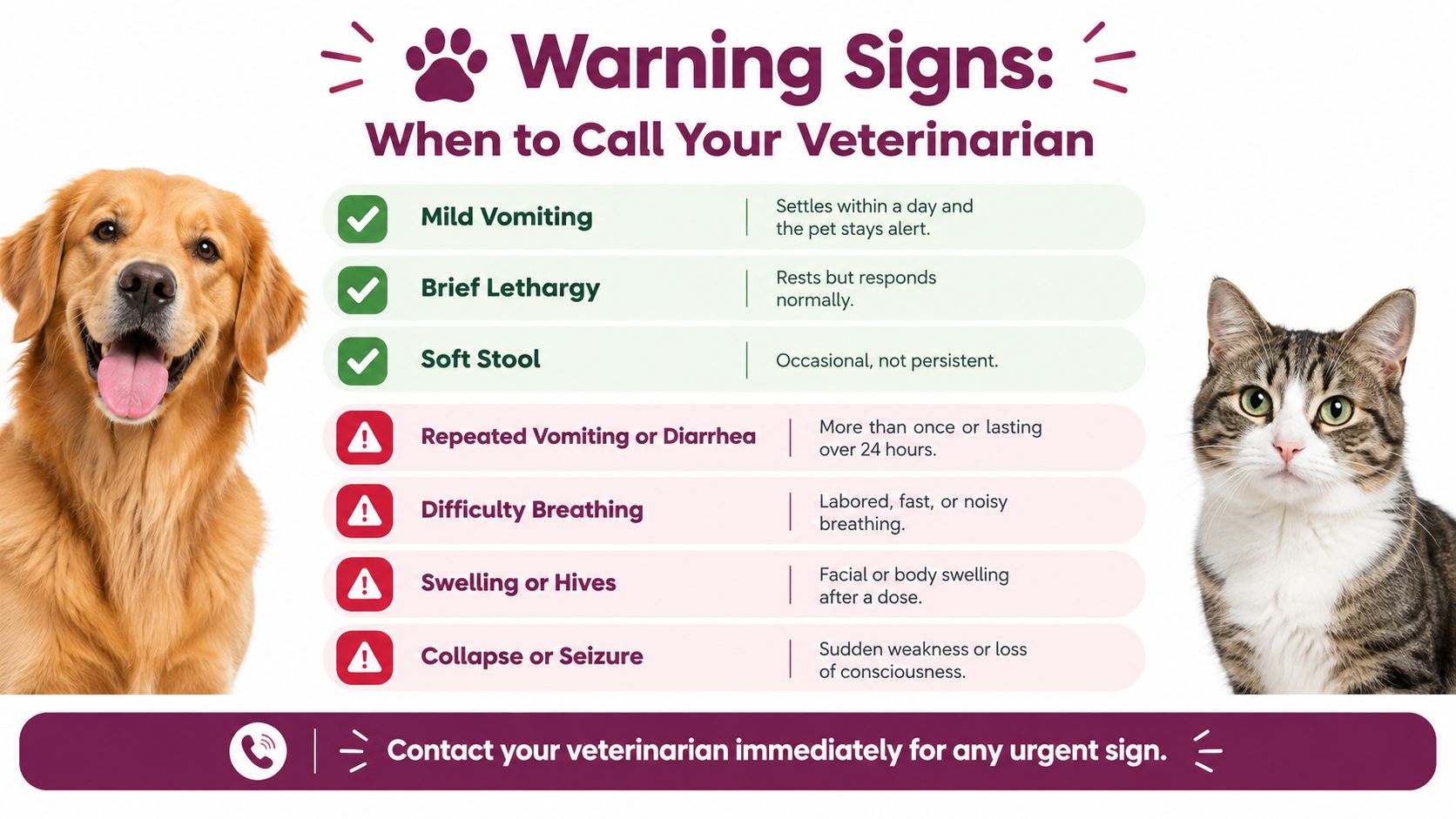 A visual guide illustrating pet health warning signs that require a prompt call to the veterinarian.