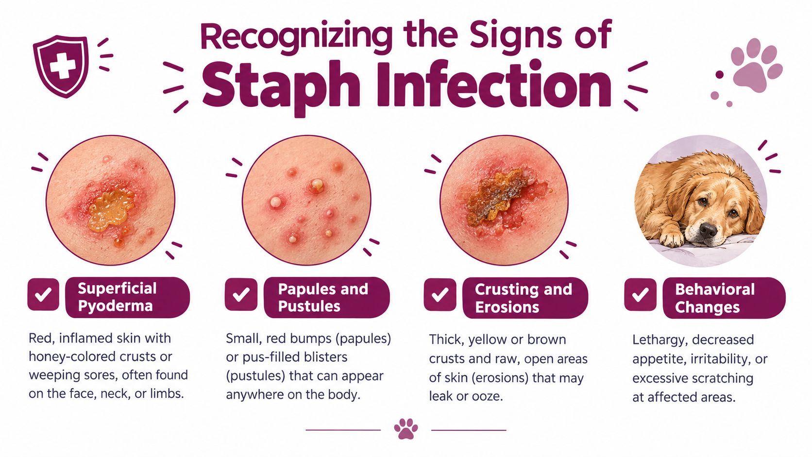 An infographic illustrating the common signs of staph infection in pets, including skin lesions and behavioral changes.