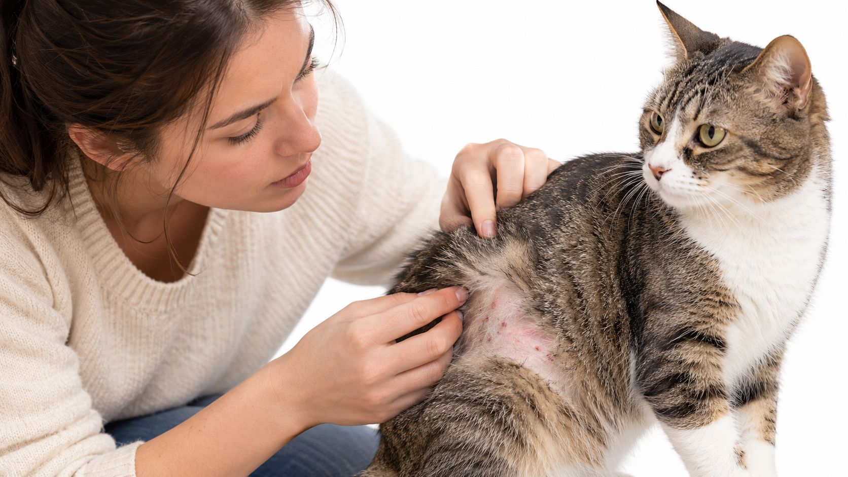 A concerned woman examining a patch of irritated, hairless skin on her cat's back.