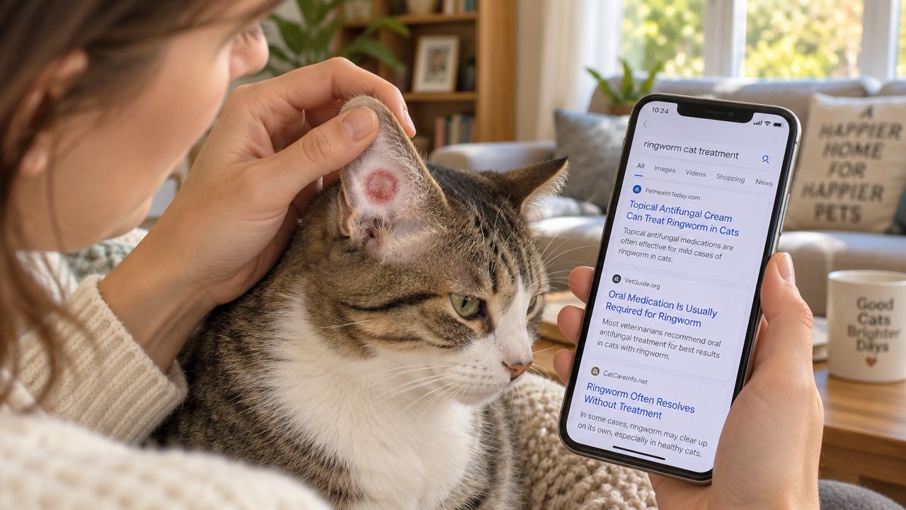 A person checking a cat's ear for ringworm while viewing treatment information on a mobile phone.