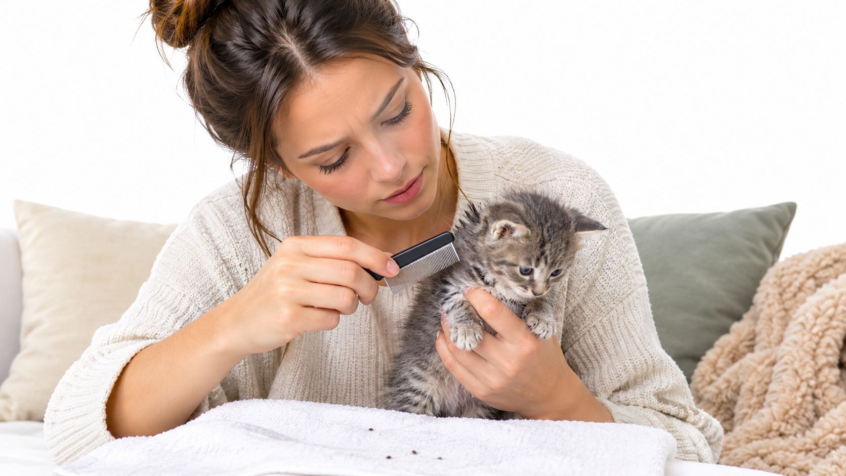 A young woman gently grooming a small grey tabby kitten with a fine-toothed comb to remove fleas.