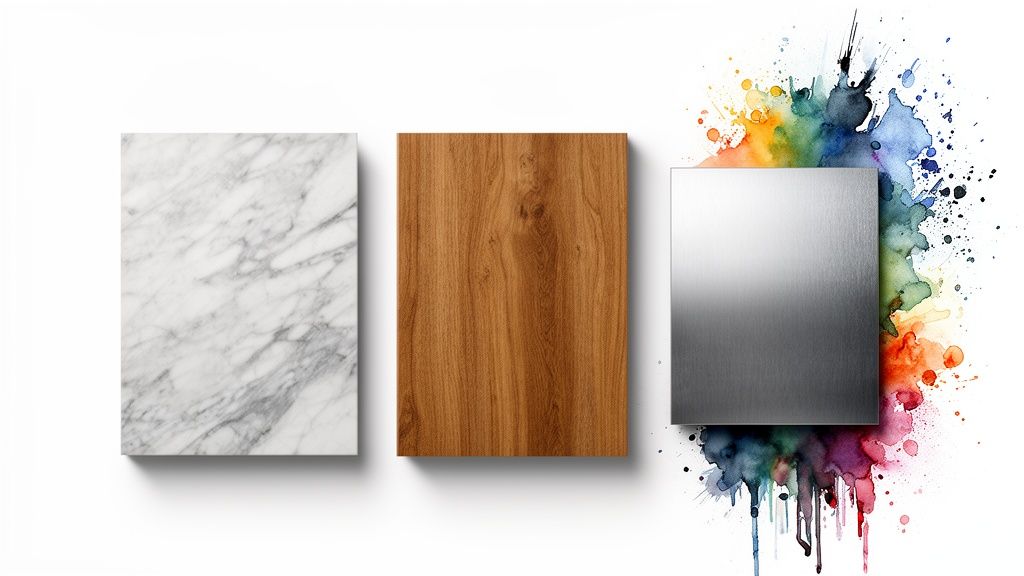 Samples of marble, wood, and brushed metal against a white background with a vibrant watercolor splash.
