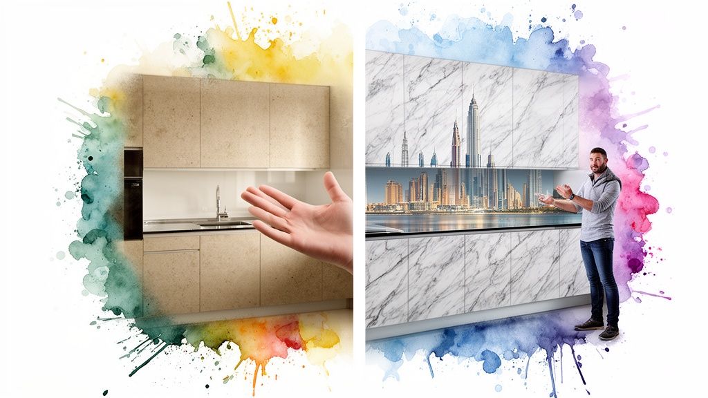 Modern kitchen design and marble wall with Dubai cityscape, enhanced by colorful watercolor.