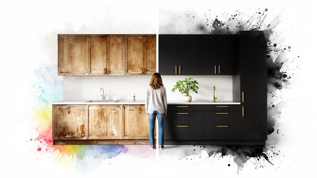 A woman views a kitchen's transformation from worn wood to sleek, modern black cabinets.