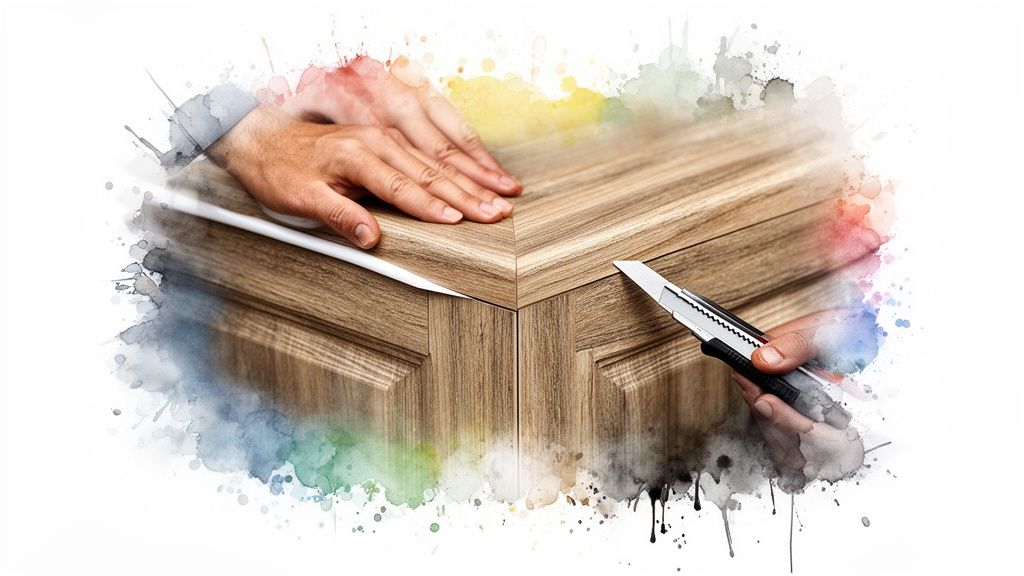 Hands applying white vinyl trim to a wood-textured cabinet corner, with a utility knife for cutting.