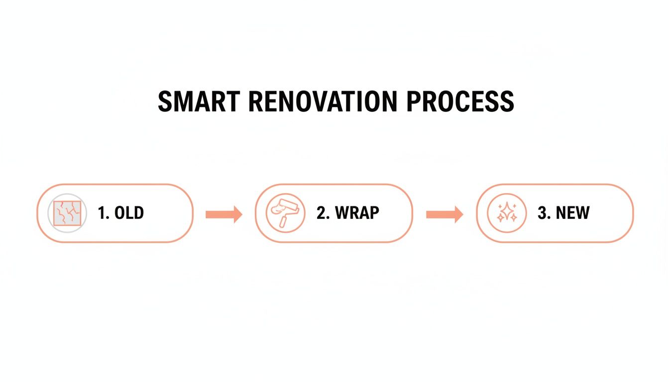 Diagram illustrating a smart renovation process transforming old, cracked surfaces into new, sparkling ones through wrapping.