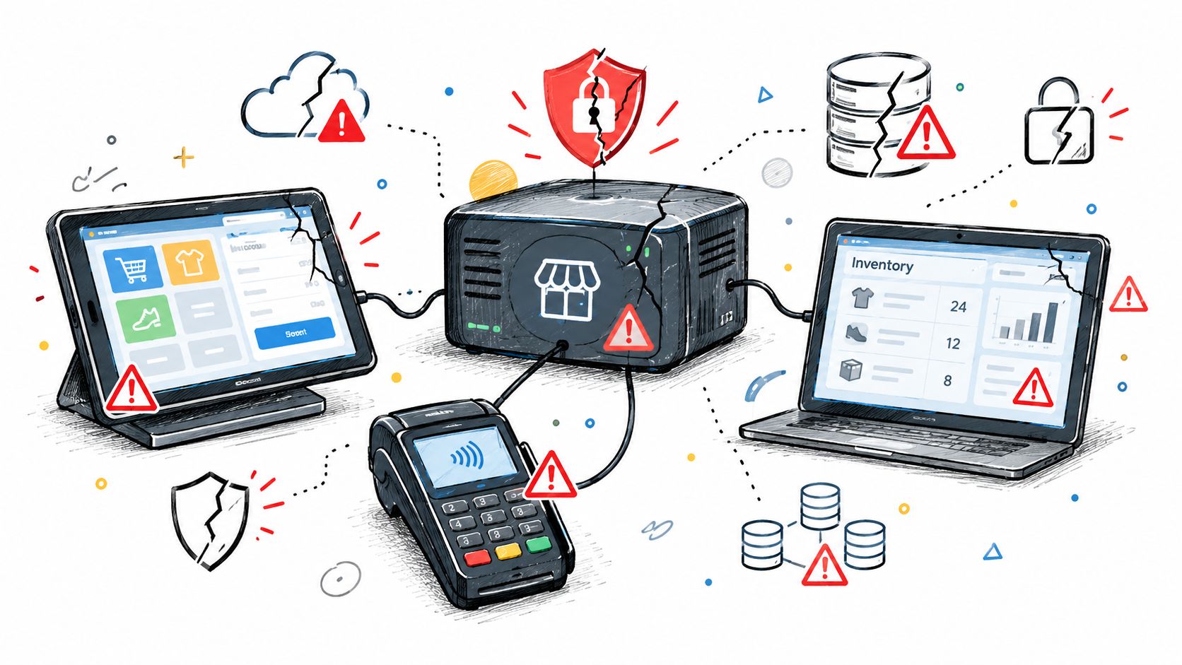 A conceptual illustration showing a broken point of sale system with cybersecurity threats represented by warning signs.