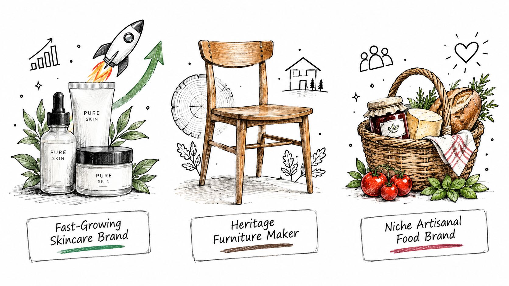 A conceptual illustration featuring three distinct business niches: a skincare brand, a heritage furniture maker, and an artisanal food brand.