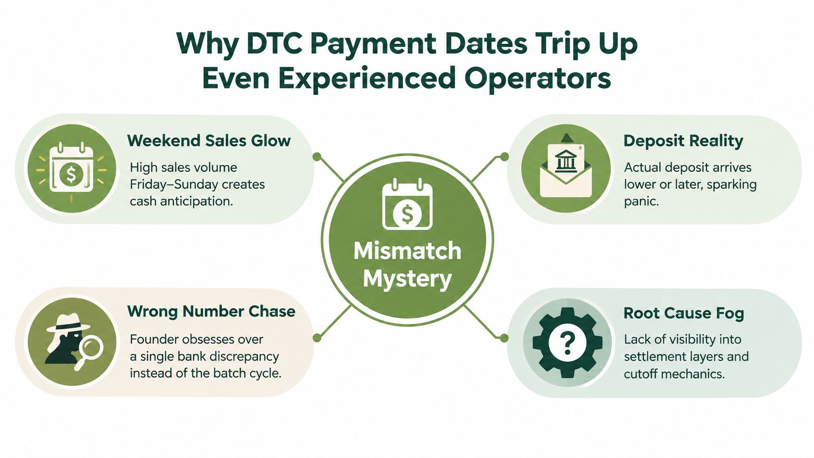 A diagram explaining why DTC payment dates often confuse business operators, showing four common financial challenges.