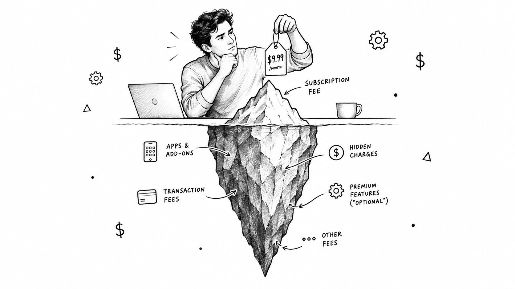 A line drawing illustration showing a man observing an iceberg representing hidden subscription and service fees.