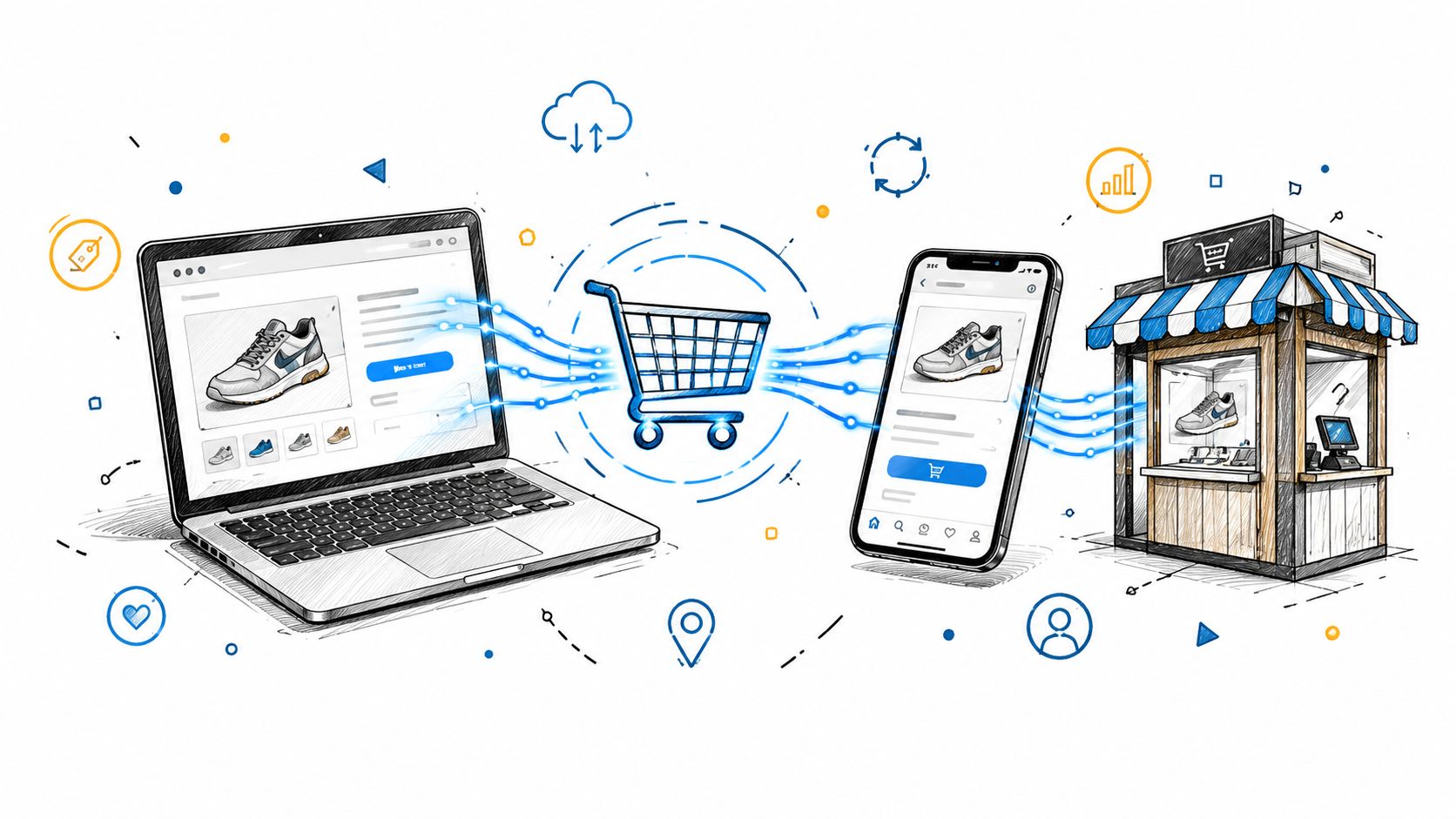 A digital illustration showing a shopping cart connecting a laptop, mobile phone, and a small physical retail store.